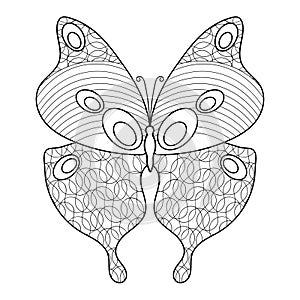 Black-and-white butterfly outline. Anti-stress coloring. Hand-drawn isolated fantasy decorative insect. Vector illustration for