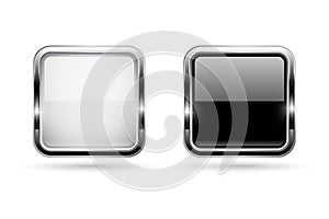 Black and white buttons with chrome frame. Square shiny 3d icons