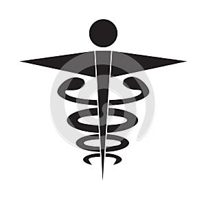 Black and white caduceus medical symbol icon vector isolated white background.