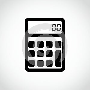 Black and white calculator icon with a rectangular shape. It features a digital display