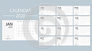 Black and white calendar 2020 with week starts on Sunday. Minimal planner vector template date desk. Modern design office