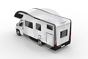 Black and white camper vehicle - taillight view