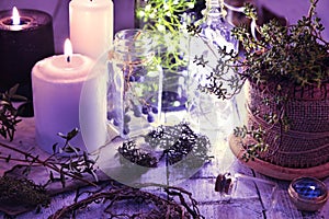 Black and white candles, dried herbs and roots, succulent and bottles on table