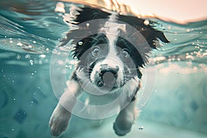 Black and white Canidae dog swimming in pool, working animal in water