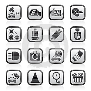 Black and white car parts and services icons