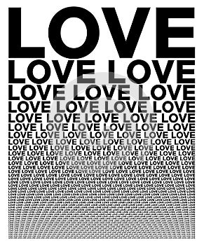 Black and white card composed of big amount of Love decreased words. Booklet with microtext for wallpaper usage