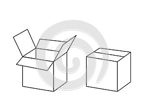Black and white cardboard box package open and closed, vector