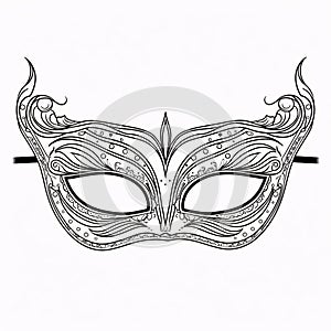 Black and white carnival eye mask with decorations, white isolated background. Coloring sheet. Carnival outfits, masks and