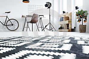 Black and white carpet in room