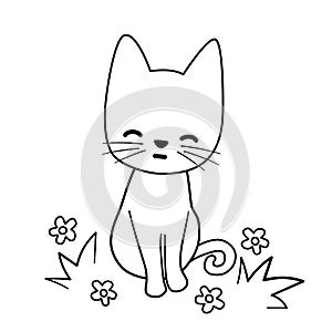 black and white cartoon character smiling cat in the meadow vector illustration with daisy flowers and grass for coloring art