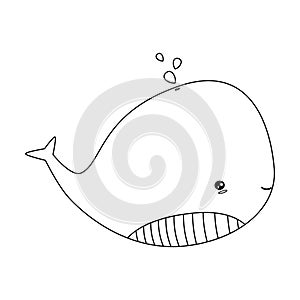 black and white cartoon character whale vector illustration isolated on white background for coloring art