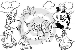 Black and white cartoon farm animal characters group