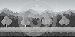 Black and White Cartoon forest game background landscape. Vector illustration