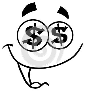 Black And White Cartoon Funny Face With Dollar Eyes And Smiling Expression