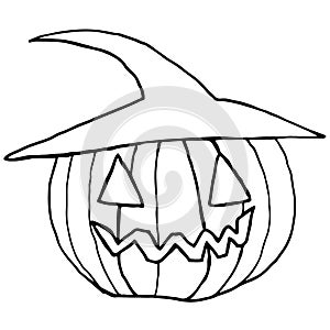 Black and white cartoon, funny muzzle, pumpkin in a hat, isolate