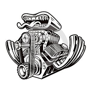 A black and white cartoon hot rod engine