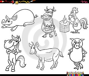 Cartoon farm animal characters set coloring book page
