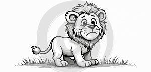 Black and white cartoon lion on ground, drawing book style illustration. Lion has big eyes, fluffy mane. Freehand visual artwork photo