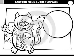 Black and white cartoon meme template with naughty cat
