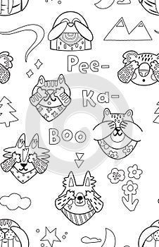 Black and white cartoon portraits of animals playing hide and seek in the nature, doodle style. Seamless pattern