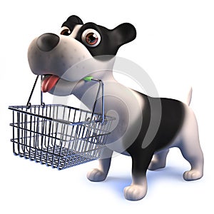 Black and white cartoon puppy dog in 3d holding a shopping basket in its mouth
