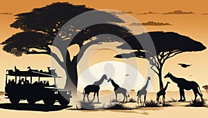 A black and white cartoon of a safari with giraffes and a jeep