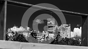 Black and white castle in Niedzica in the frame