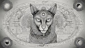 black and white cat _A black and white mystical drawing of the third eye, all seeing eye, circle of a moon phase,