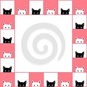 Black White Cat Chess board Border Pink Background. Vector Illustration