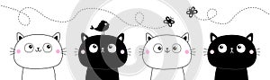 Black white cat face head line contour silhouette icon set. Funny kawaii smiling sad doodle animal. Flying bird, butterfly. Cute