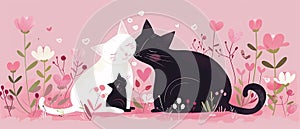 Black and white cat family for Mothers day celebration. Flat illustration web banner