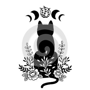 Black and white cat with flowers and moon phases