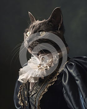 Black and white cat with a graceful look, dressed in a detailed Victorian dress, framed by dark floral ornament