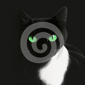 a black and white cat with green eyes looking at the camera with a black background and a white spot