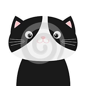 Black and white cat head face body. Funny Kawaii smiling baby animal. Cute cartoon funny character. Pet collection. Flat design.