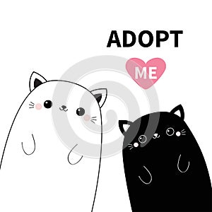 Black and white cat head face icon set. Adopt me. Cute cartoon kawaii funny character. Line contour silhouette. Pet adoption. Pink