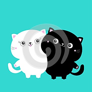 Black White cat hugging family couple. Girl Boy. Hug, embrace, cuddle. Cute funny cartoon character. Happy Valentines day.