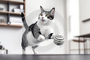 Black and white cat jumping around playing with a cat toy at home. Having fun with pets indoors