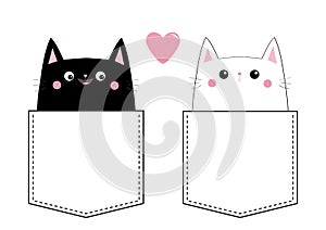 Black white cat love couple in the pocket. Pink heart. Cute cartoon pet animals. Kitten kitty character. Dash line. Happy Valentin