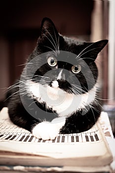 Black and white cat lying on sheet music book and looking at camera. photo