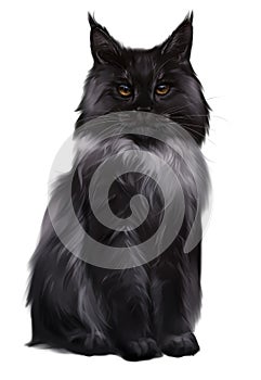 Black and white cat Maine Coon. Watercolor drawing