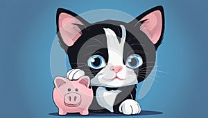A black and white cat with a pink nose and blue eyes holding a piggy bank