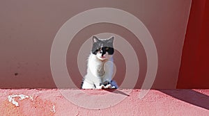 a black and white cat on a pink wall, Gran Canaria, Canary islands