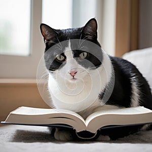 Black and white cat reading a book, AI generated image