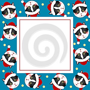 Black White Cat Santa Claus on Indigo Blue Banner Card. Vector Illustration
