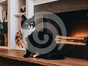 A black and white cat sitting in front of a fireplace. AI generative image.