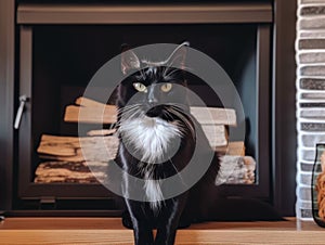 A black and white cat sitting in front of a fireplace. AI generative image.