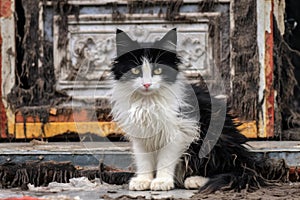 a black and white cat with soiled fur sitting on an old, tattered door mat