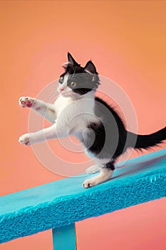 A black and white cat standing on top of a blue table