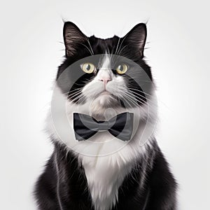 A black and white cat wearing a bow tie.